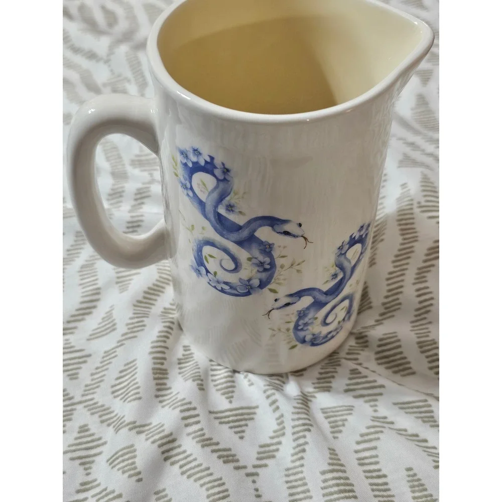 Ciroa Blue Snake and Floral Ceramic Measuring Pitcher Jug 3 Cup Capacity 7 Inch